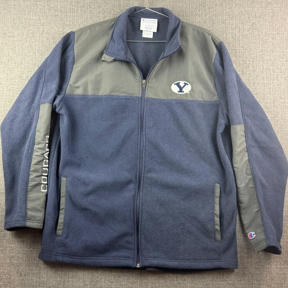 BYU Cougars Jacket Mens Large Blue‎ Gray NCAA Football Fleece Champion Full Zip